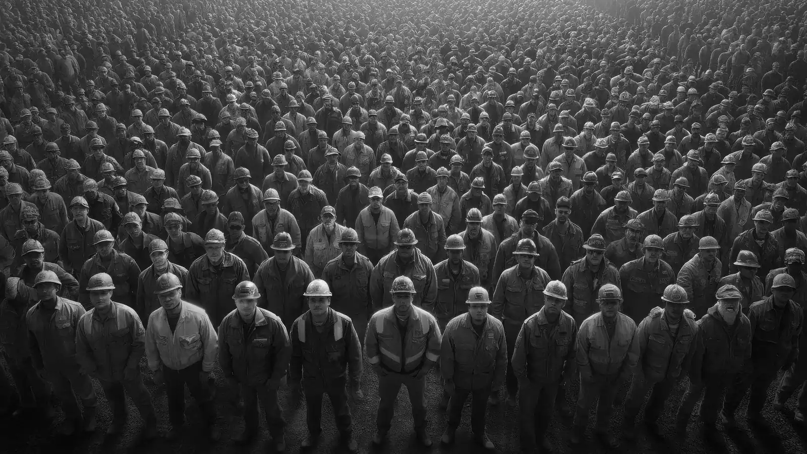 Rows of site workers in hard hats