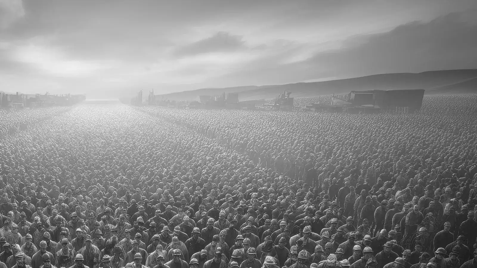A large workforce assembled on an open project site with site vehicles on the horizon